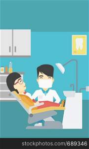 An asian young woman sitting it the chair at the dental office. Male doctor and patient in the dental clinic. Patient on reception at the dentist. Vector flat design illustration. Vertical layout.. Patient and doctor at dentist office.