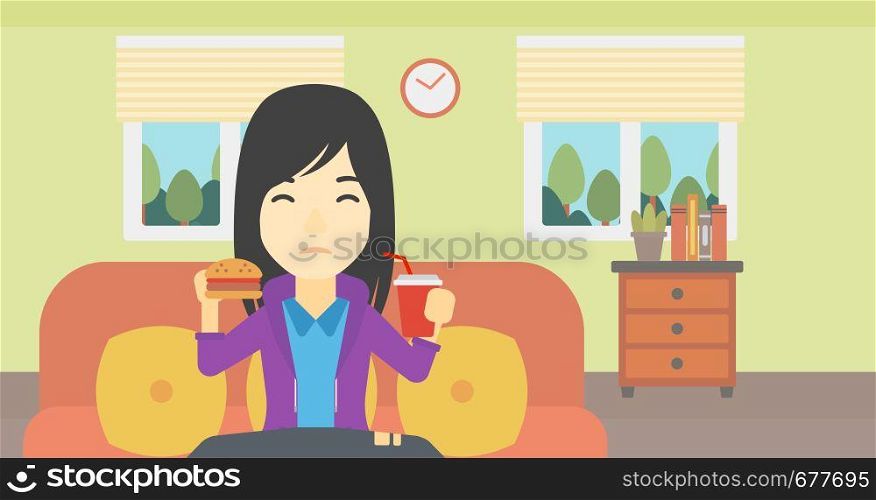 An asian young woman sitting on a sofa while eating hamburger and drinking soda on the background of living room. Vector flat design illustration. Horizontal layout.. Woman eating hamburger vector illustration.