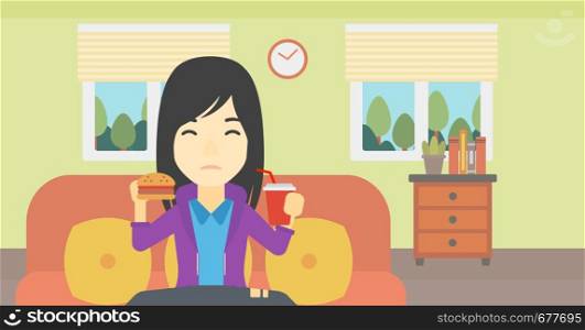 An asian young woman sitting on a sofa while eating hamburger and drinking soda on the background of living room. Vector flat design illustration. Horizontal layout.. Woman eating hamburger vector illustration.