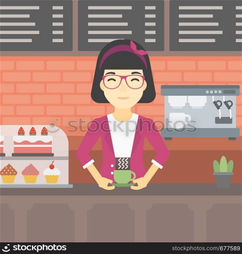 An asian young woman standing at the counter with cup of coffee on the background of bakery with pastry and coffee maker. Woman making coffee. Vector flat design illustration. Square layout.. Woman making coffee vector illustration.