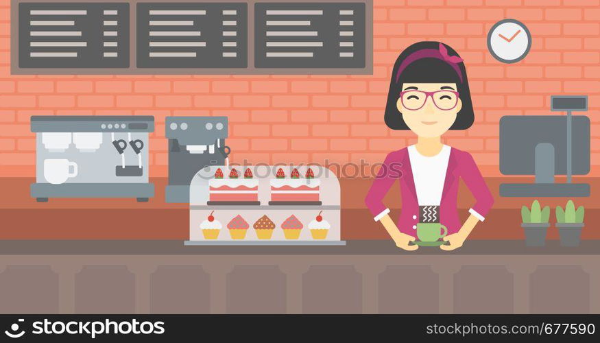 An asian young woman standing at the counter with cup of coffee on the background of bakery with pastry and coffee maker. Woman making coffee. Vector flat design illustration. Horizontal layout.. Woman making coffee vector illustration.