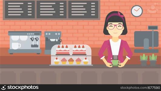 An asian young woman standing at the counter with cup of coffee on the background of bakery with pastry and coffee maker. Woman making coffee. Vector flat design illustration. Horizontal layout.. Woman making coffee vector illustration.
