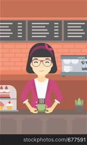 An asian young woman standing at the counter with cup of coffee on the background of bakery with pastry and coffee maker. Woman making coffee. Vector flat design illustration. Vertical layout.. Woman making coffee vector illustration.