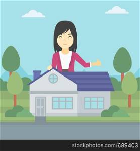 An asian young woman standing behind the house and showing thumb up. Female real estate agent offering the house. Young woman giving thumb up. Vector flat design illustration. Square layout.. Real estate agent giving thumb up.