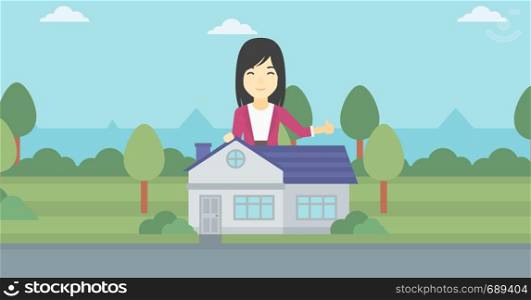 An asian young woman standing behind the house and showing thumb up. Female real estate agent offering the house. Young woman giving thumb up. Vector flat design illustration. Horizontal layout.. Real estate agent giving thumb up.