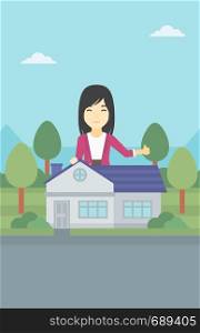 An asian young woman standing behind the house and showing thumb up. Female real estate agent offering the house. Young woman giving thumb up. Vector flat design illustration. Vertical layout.. Real estate agent giving thumb up.