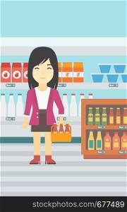 An asian young woman standing in alcohol store. Woman holding pack of beer at supermarket. Woman standing at alcohol section. Vector flat design illustration. Vertical layout.. Woman with pack of beer at supermarket.