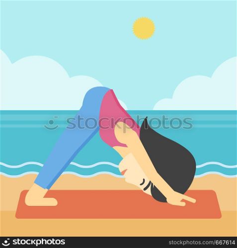 An asian young woman standing in yoga downward facing dog pose on the beach. Woman doing yoga on nature. Vector flat design illustration. Square layout.. Woman practicing yoga vector illustration.
