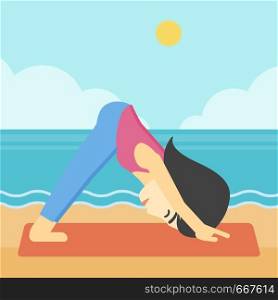 An asian young woman standing in yoga downward facing dog pose on the beach. Woman doing yoga on nature. Vector flat design illustration. Square layout.. Woman practicing yoga vector illustration.