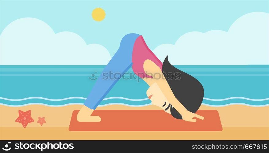 An asian young woman standing in yoga downward facing dog pose on the beach. Woman doing yoga on nature. Vector flat design illustration. Horizontal layout. Woman practicing yoga vector illustration.