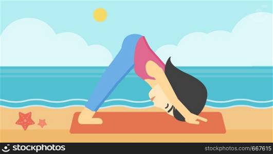 An asian young woman standing in yoga downward facing dog pose on the beach. Woman doing yoga on nature. Vector flat design illustration. Horizontal layout. Woman practicing yoga vector illustration.