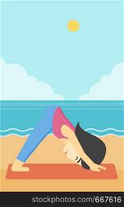 An asian young woman standing in yoga downward facing dog pose on the beach. Woman doing yoga on nature. Vector flat design illustration. Vertical layout.. Woman practicing yoga vector illustration.