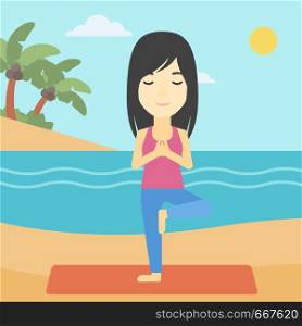 An asian young woman standing in yoga tree position. Woman meditating in yoga tree position on the beach. Man doing yoga on nature. Vector flat design illustration. Square layout.. Woman practicing yoga tree pose on the beach.