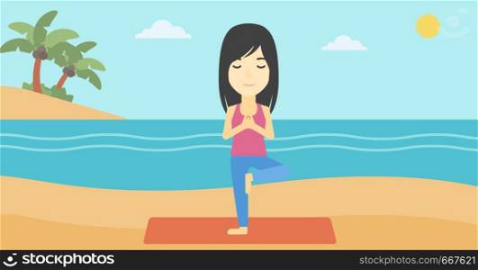 An asian young woman standing in yoga tree position. Woman meditating in yoga tree position on the beach. Man doing yoga on nature. Vector flat design illustration. Horizontal layout. Woman practicing yoga tree pose on the beach.