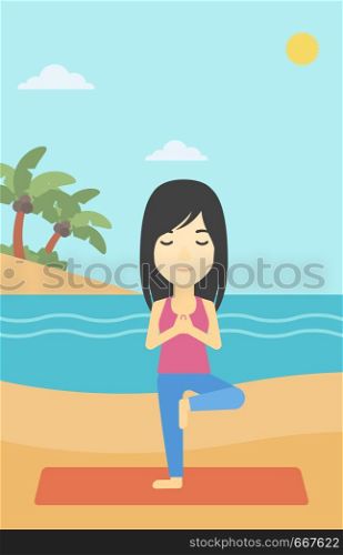An asian young woman standing in yoga tree position. Woman meditating in yoga tree position on the beach. Man doing yoga on nature. Vector flat design illustration. Vertical layout.. Woman practicing yoga tree pose on the beach.