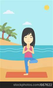 An asian young woman standing in yoga tree position. Woman meditating in yoga tree position on the beach. Man doing yoga on nature. Vector flat design illustration. Vertical layout.. Woman practicing yoga tree pose on the beach.