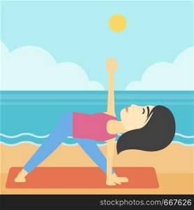 An asian young woman standing in yoga triangle position. Woman meditating in yoga triangle position on the beach. Woman doing yoga on nature. Vector flat design illustration. Square layout.. Woman practicing yoga triangle pose on the beach.