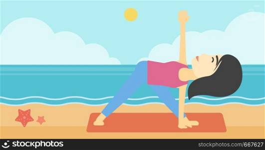 An asian young woman standing in yoga triangle position. Woman meditating in yoga triangle position on the beach. Woman doing yoga on nature. Vector flat design illustration. Horizontal layout. Woman practicing yoga triangle pose on the beach.