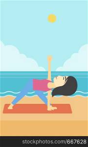 An asian young woman standing in yoga triangle position. Woman meditating in yoga triangle position on the beach. Woman doing yoga on nature. Vector flat design illustration. Vertical layout.. Woman practicing yoga triangle pose on the beach.