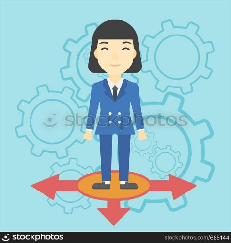 An asian young woman standing on three alternative ways on a blue background with cogwheels. Concept of career choices. Vector flat design illustration. Square layout.. Woman choosing career way.