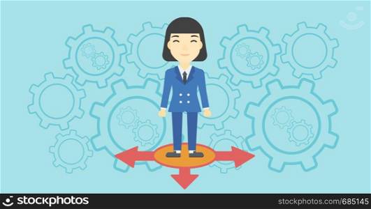 An asian young woman standing on three alternative ways on a blue background with cogwheels. Concept of career choices. Vector flat design illustration. Horizontal layout.. Woman choosing career way.