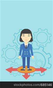 An asian young woman standing on three alternative ways on a blue background with cogwheels. Concept of career choices. Vector flat design illustration. Vertical layout.. Woman choosing career way.