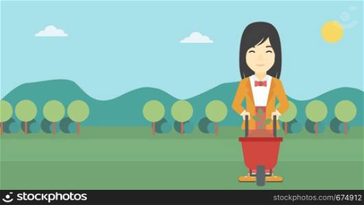An asian young woman standing with a plant and soil in a wheelbarrow on the background of mountain landscape. Vector flat design illustration. Horizontal layout.. Woman with plant and wheelbarrow.
