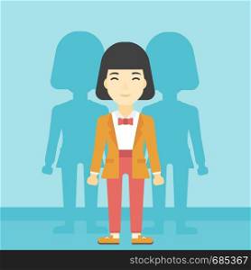 An asian young woman standing with some shadows behind her. Candidat for a position stand out from crowd. Concept of staff recruitment. Vector flat design illustration. Square layout.. Woman searching for job vector illustration.
