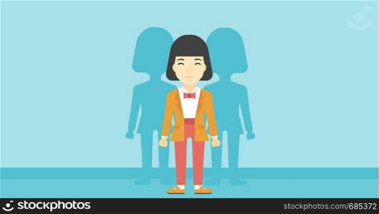 An asian young woman standing with some shadows behind her. Candidat for a position stand out from crowd. Concept of staff recruitment. Vector flat design illustration. Horizontal layout.. Woman searching for job vector illustration.