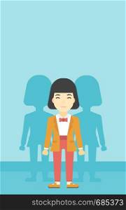 An asian young woman standing with some shadows behind her. Candidat for a position stand out from crowd. Concept of staff recruitment. Vector flat design illustration. Vertical layout.. Woman searching for job vector illustration.
