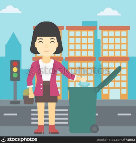 An asian young woman throwing away a garbage in a green trash in the city. Woman throwing away trash. Eco-friendly woman throwing trash. Vector flat design illustration. Square layout.. Woman throwing away trash vector illustration.