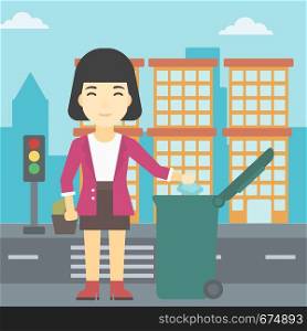 An asian young woman throwing away a garbage in a green trash in the city. Woman throwing away trash. Eco-friendly woman throwing trash. Vector flat design illustration. Square layout.. Woman throwing away trash vector illustration.