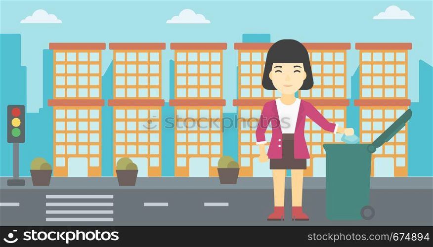 An asian young woman throwing away a garbage in a green trash in the city. Woman throwing away trash. Eco-friendly woman throwing trash. Vector flat design illustration. Horizontal layout.. Woman throwing away trash vector illustration.
