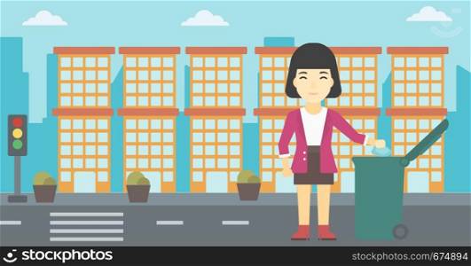 An asian young woman throwing away a garbage in a green trash in the city. Woman throwing away trash. Eco-friendly woman throwing trash. Vector flat design illustration. Horizontal layout.. Woman throwing away trash vector illustration.