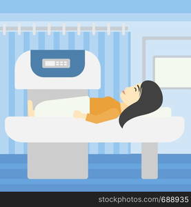 An asian young woman undergoes a magnetic resonance imaging scan test at hospital room. Magnetic resonance imaging machine scanning patient. Vector flat design illustration. Square layout.. Magnetic resonance imaging vector illustration.