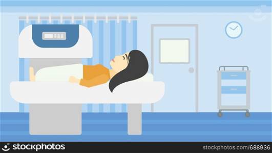 An asian young woman undergoes a magnetic resonance imaging scan test at hospital room. Magnetic resonance imaging machine scanning patient. Vector flat design illustration. Horizontal layout.. Magnetic resonance imaging vector illustration.