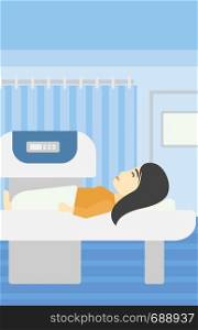 An asian young woman undergoes a magnetic resonance imaging scan test at hospital room. Magnetic resonance imaging machine scanning patient. Vector flat design illustration. Vertical layout.. Magnetic resonance imaging vector illustration.