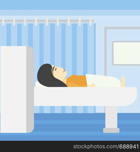 An asian young woman undergoes a magnetic resonance imaging scan test at hospital room. Magnetic resonance imaging machine scanning patient. Vector flat design illustration. Square layout.. Magnetic resonance imaging vector illustration.