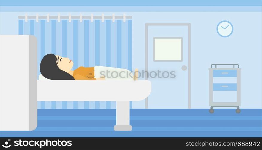An asian young woman undergoes a magnetic resonance imaging scan test at hospital room. Magnetic resonance imaging machine scanning patient. Vector flat design illustration. Horizontal layout.. Magnetic resonance imaging vector illustration.