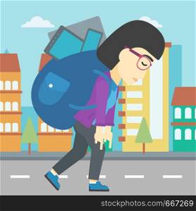 An asian young woman walking with backpack full of different devices. Woman walking with many electronic devices in the city street. Vector flat design illustration. Square layout.. Woman with backpack full of electronic devices.