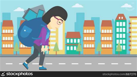 An asian young woman walking with backpack full of different devices. Woman walking with many electronic devices in the city street. Vector flat design illustration. Horizontal layout. Woman with backpack full of electronic devices.