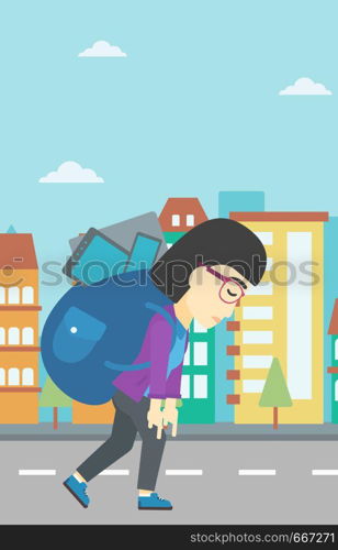 An asian young woman walking with backpack full of different devices. Woman walking with many electronic devices in the city street. Vector flat design illustration. Vertical layout.. Woman with backpack full of electronic devices.