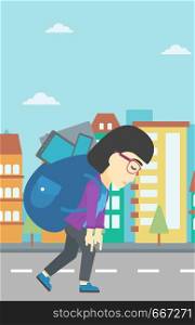 An asian young woman walking with backpack full of different devices. Woman walking with many electronic devices in the city street. Vector flat design illustration. Vertical layout.. Woman with backpack full of electronic devices.