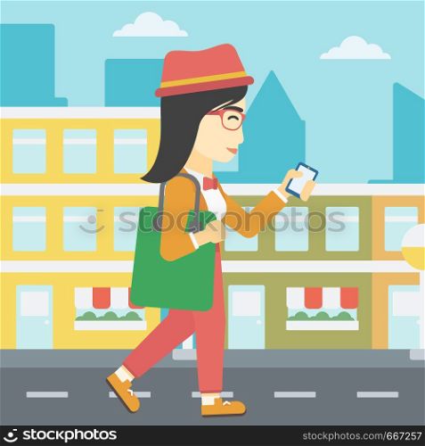An asian young woman walking with smartphone and handbag. Woman using smartphone in the city street. Smartphone addiction. Vector flat design illustration. Square layout.. Woman walking with smartphone vector illustration.
