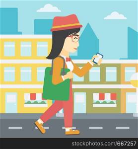 An asian young woman walking with smartphone and handbag. Woman using smartphone in the city street. Smartphone addiction. Vector flat design illustration. Square layout.. Woman walking with smartphone vector illustration.