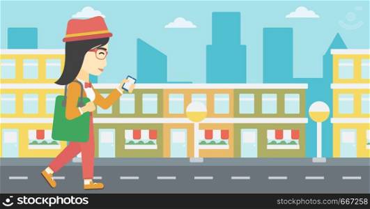 An asian young woman walking with smartphone and handbag. Woman using smartphone in the city street. Smartphone addiction. Vector flat design illustration. Horizontal layout. Woman walking with smartphone vector illustration.