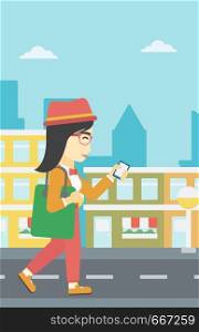 An asian young woman walking with smartphone and handbag. Woman using smartphone in the city street. Smartphone addiction. Vector flat design illustration. Vertical layout.. Woman walking with smartphone vector illustration.