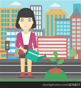 An asian young woman watering a tree on a city background. Eco-friendly woman takes care of the environment. Vector flat design illustration. Square layout.. Woman watering tree vector illustration.