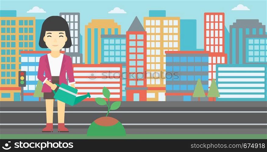An asian young woman watering a tree on a city background. Eco-friendly woman takes care of the environment. Vector flat design illustration. Horizontal layout.. Woman watering tree vector illustration.