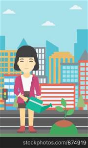 An asian young woman watering a tree on a city background. Eco-friendly woman takes care of the environment. Vector flat design illustration. Vertical layout.. Woman watering tree vector illustration.